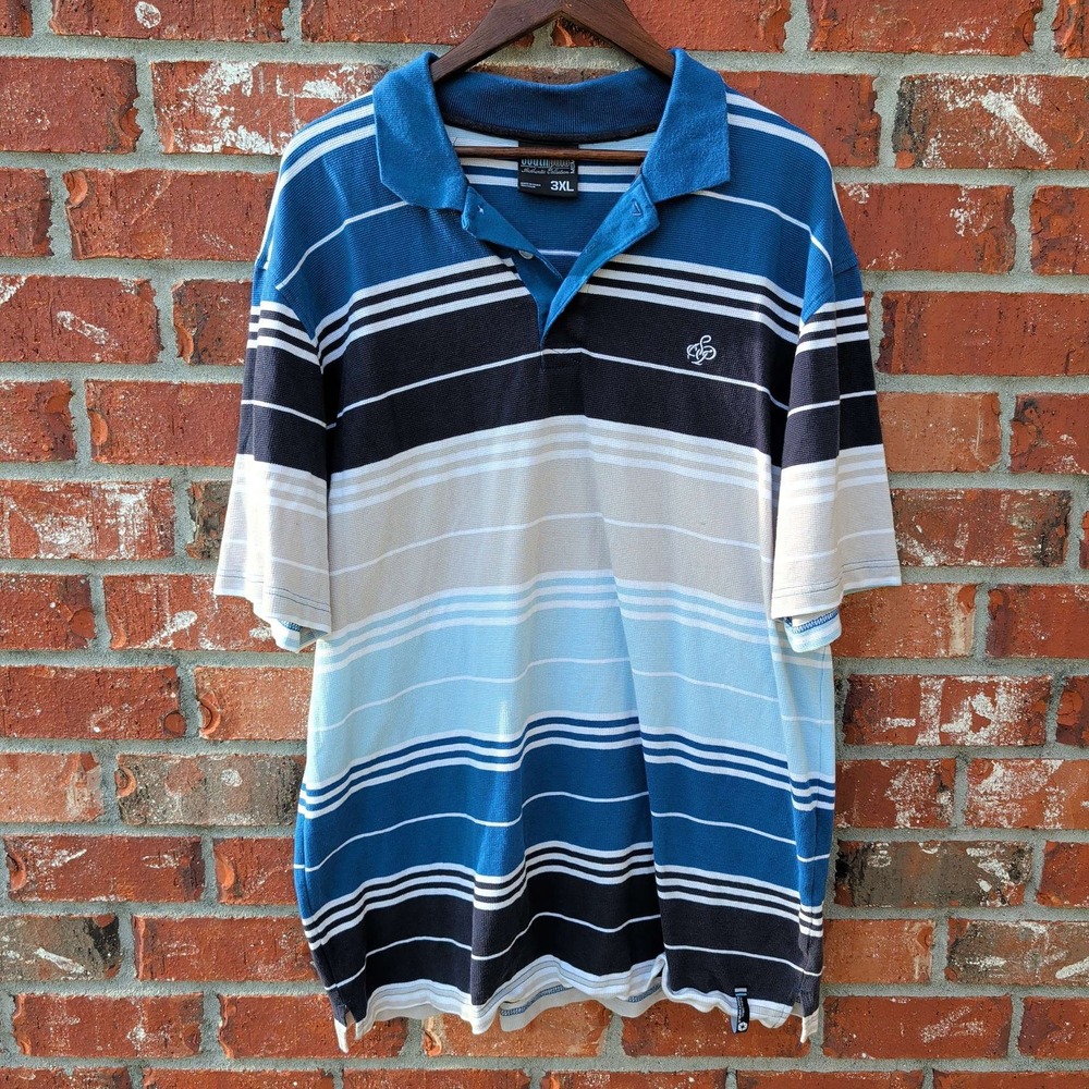 Y2k Southpole Polo Shirt Mens 3XL Blue Striped Streetwear Cotton Short Sleeve